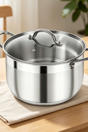 Thick-bottomed stainless steel soup pot with visible lid